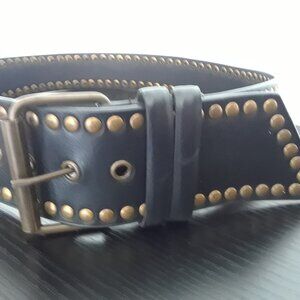 Dark Brown Wide Belt With Brass Studs And Buckle